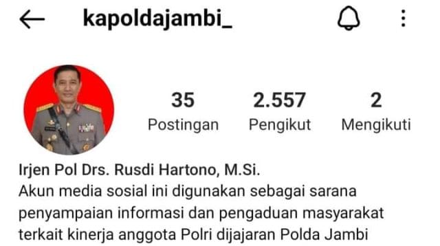 Akun resmi Instagram Kapolda Jambi